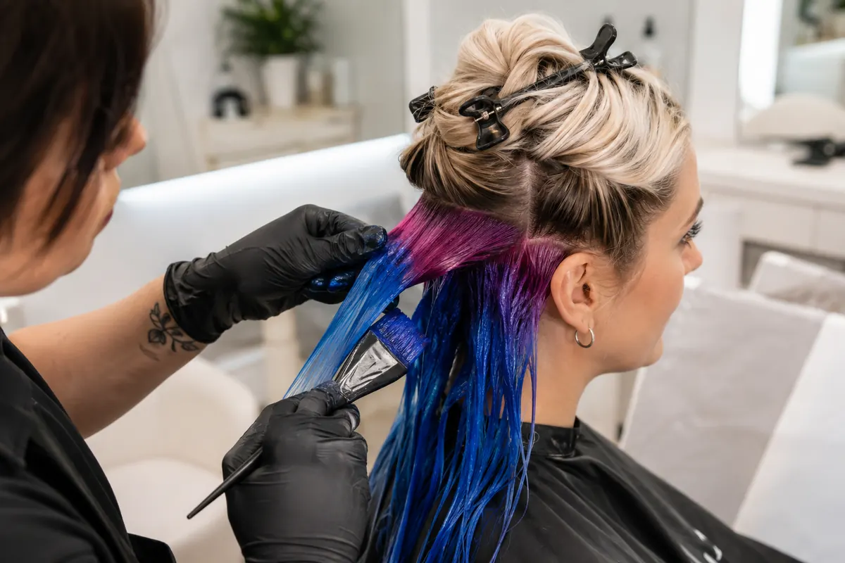 Colorista aplica coloración semipermanente azul y magenta sobre cabello preaclarado