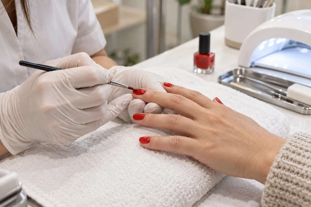 Profesional aplicando esmalte rojo tomate en un salón de manicura