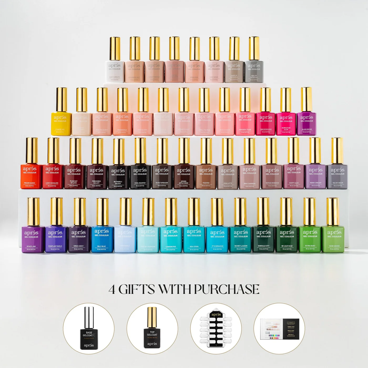 Fotografía oficial del set 1 de cincuenta esmaltes Aprés Gel Couleur con sus envases y tonos