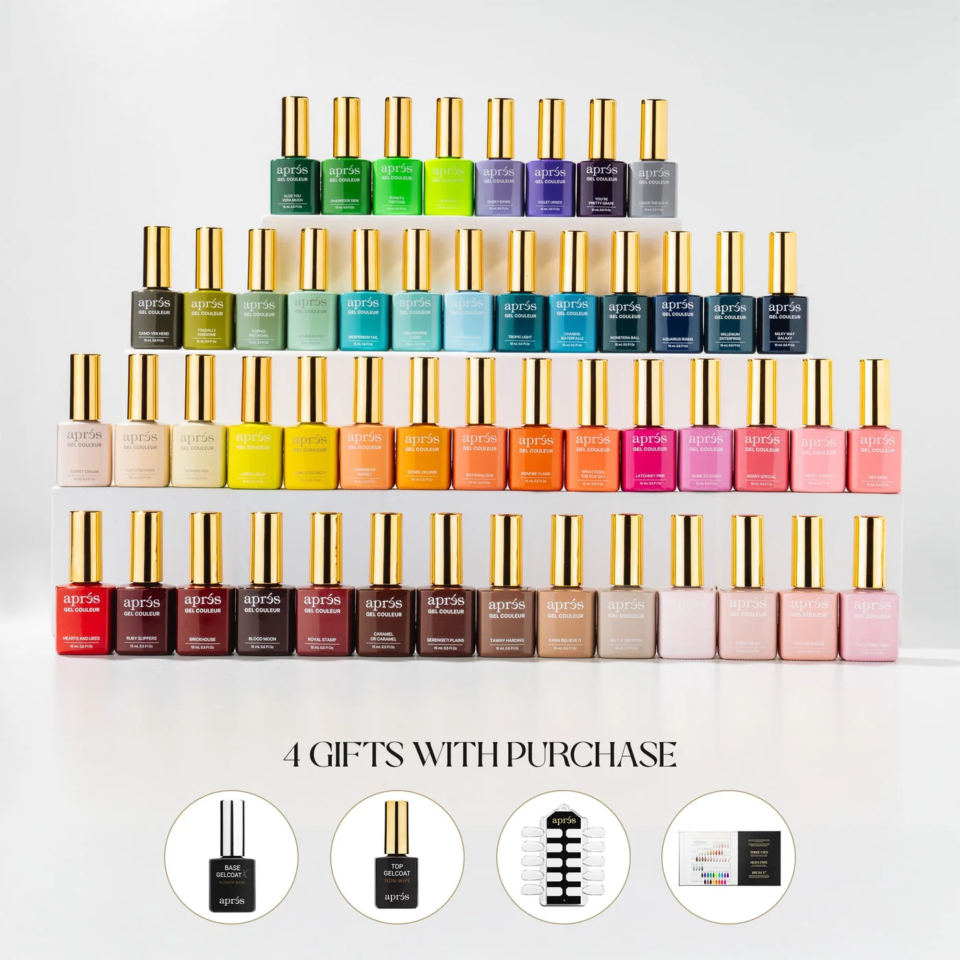 Fotografía oficial del set 2 de cincuenta esmaltes Aprés Gel Couleur con sus envases y tonos