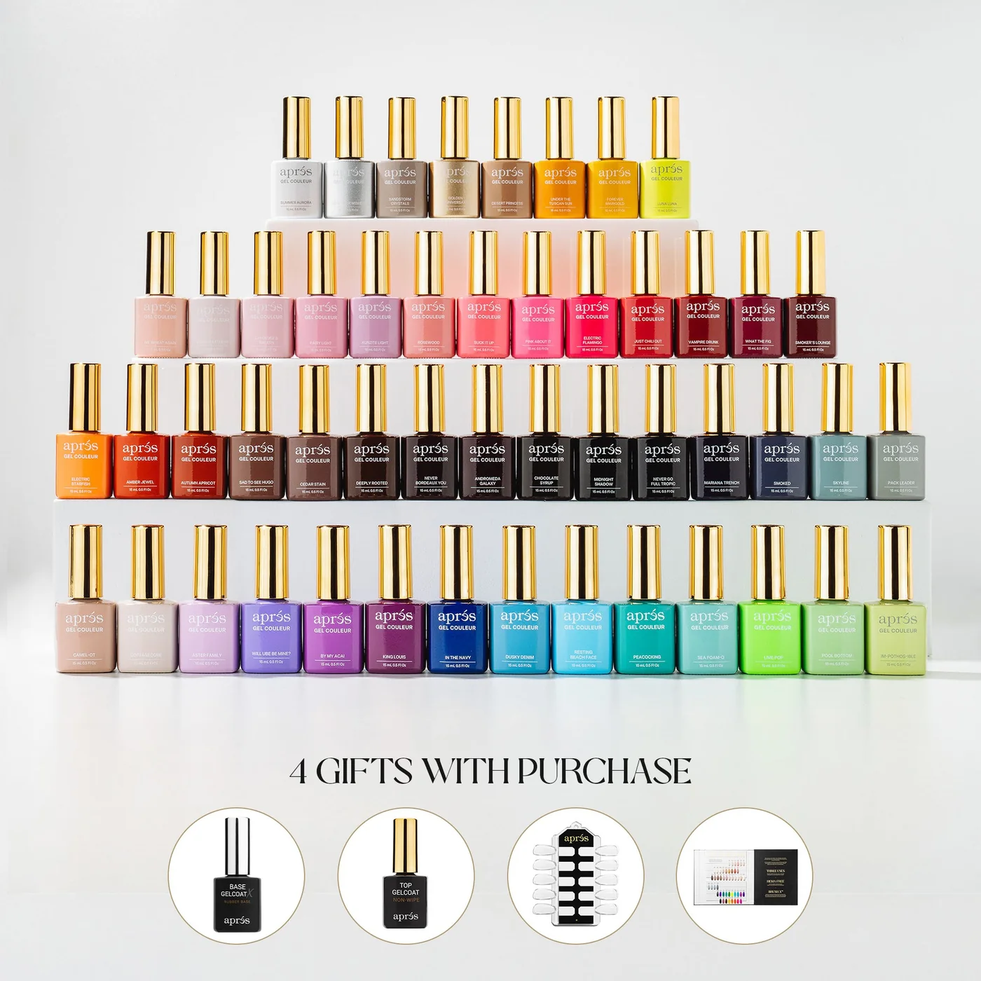 Fotografía oficial del set 3 de cincuenta esmaltes Aprés Gel Couleur con sus envases y tonos