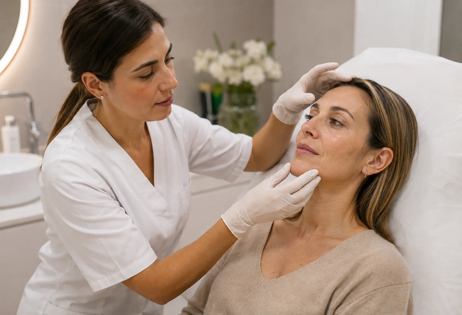 Profesional examinando la piel del rostro de una mujer en una consulta estética