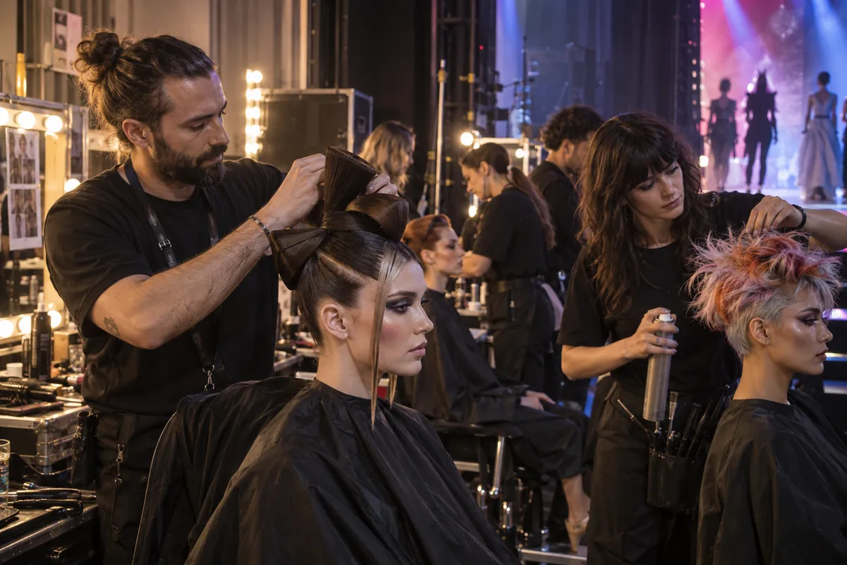 Profesionales preparan peinados de vanguardia en el backstage de un show
