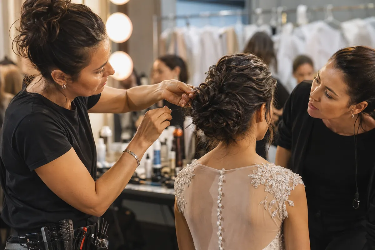 Dos profesionales construyen un recogido de novia con volumen y horquillas en el backstage
