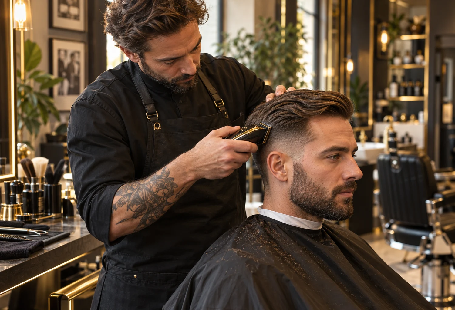 Barbero trabajando con una máquina de corte en un salón contemporáneo