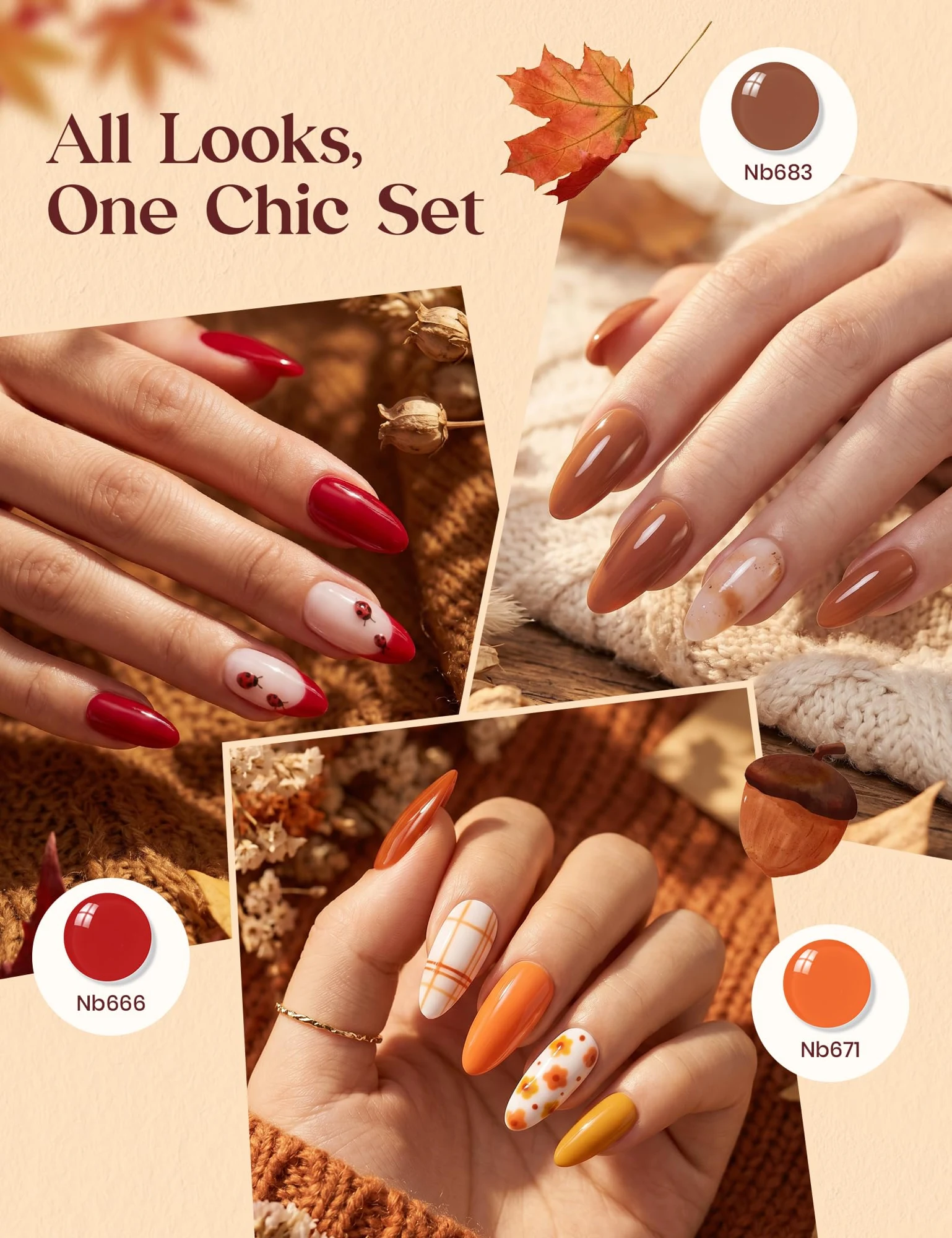 Diseños de manicura Beetles con rojo, naranja y marrón