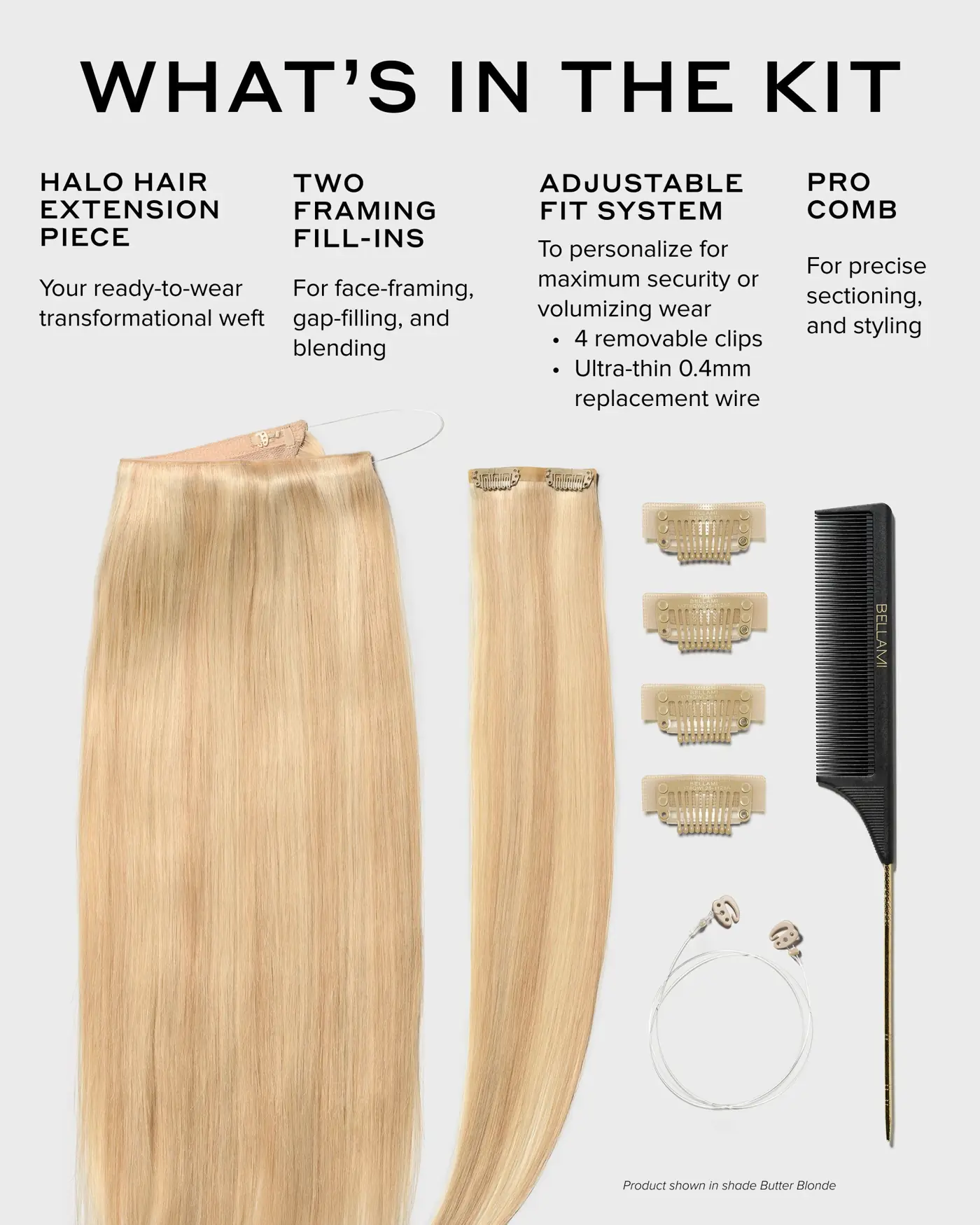 Contenido real del kit de extensiones BELLAMI Halo Pro