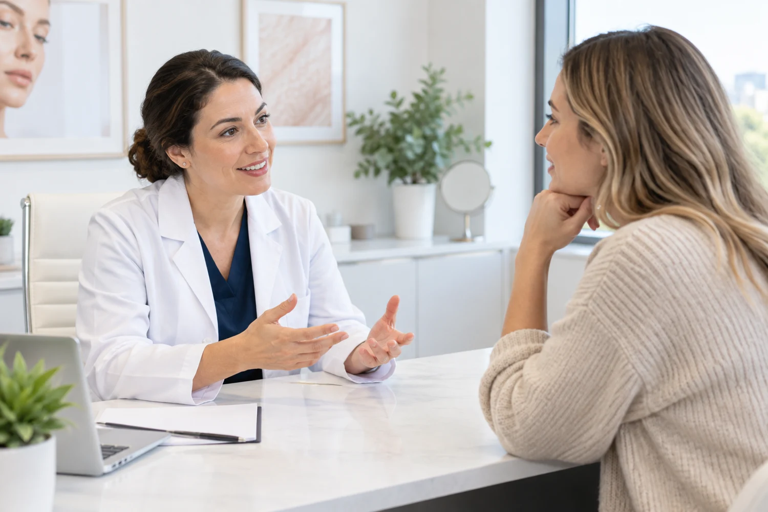 Profesional sanitaria conversa con una paciente sobre cuidado de la piel