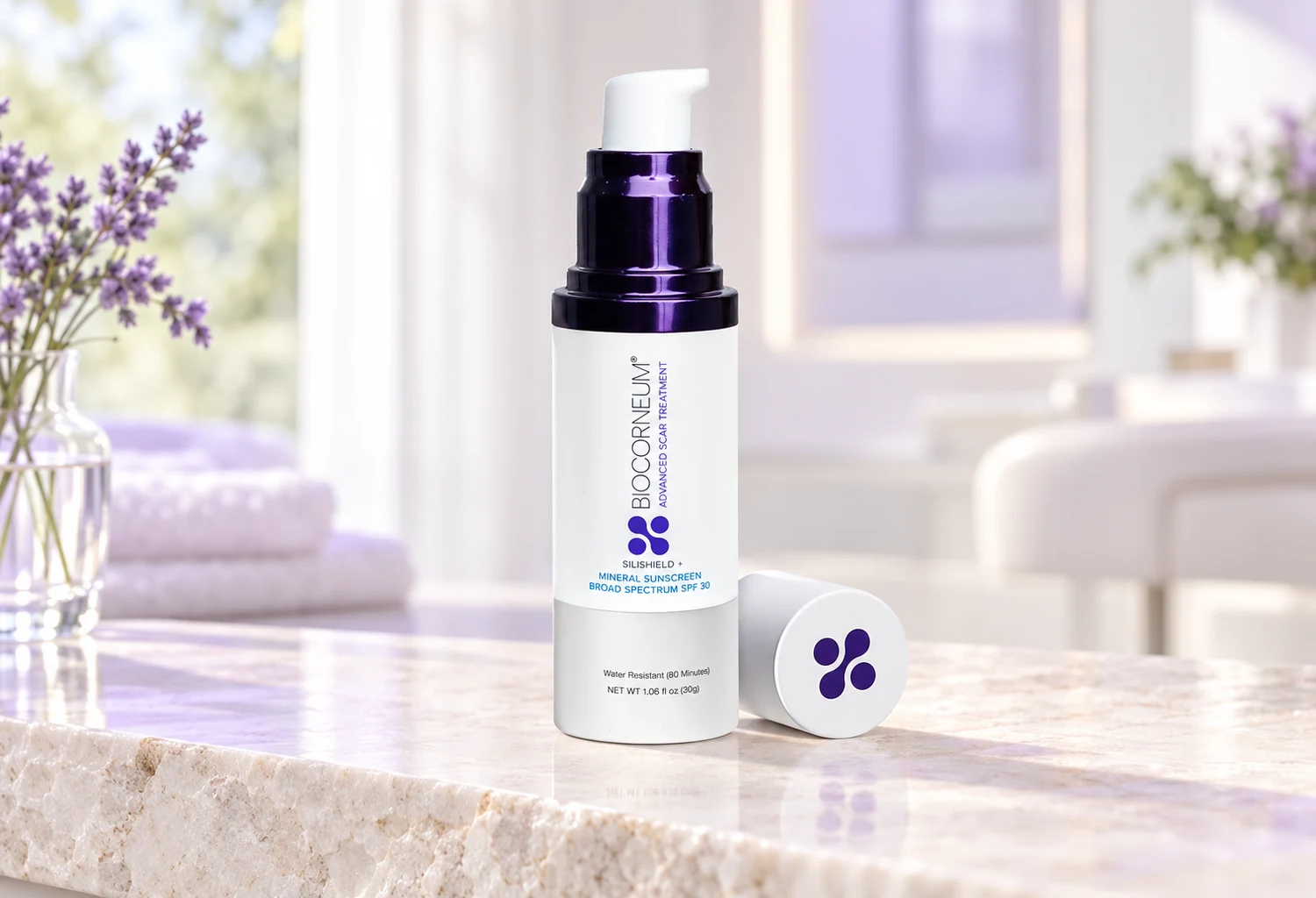 Envase de BIOCORNEUM Mineral SPF 30 en un entorno de cuidado