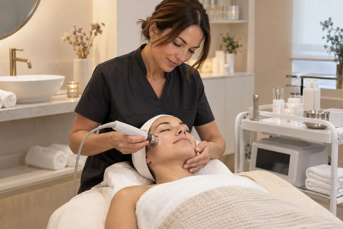 Profesional de estética realizando un tratamiento facial no invasivo en una cabina