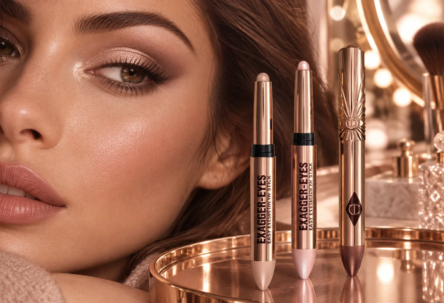Shadow sticks Charlotte Tilbury Exagger-Eyes junto a un maquillaje de ojos mate y satinado
