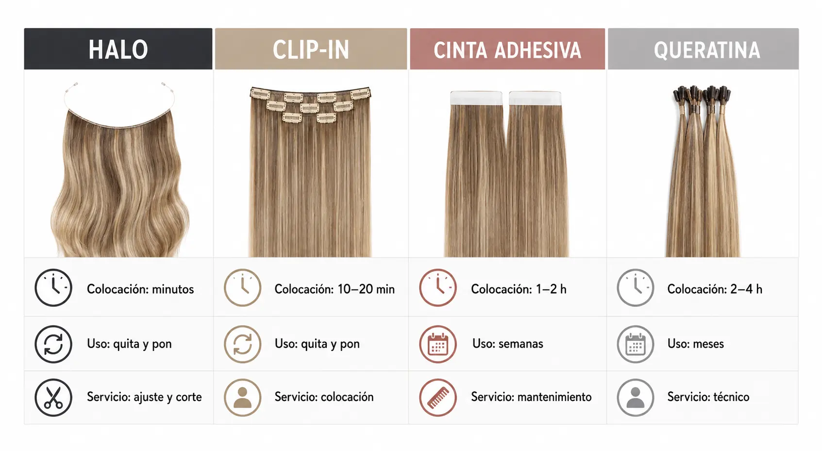 Comparativa entre extensiones halo, clip-in, cinta adhesiva y queratina