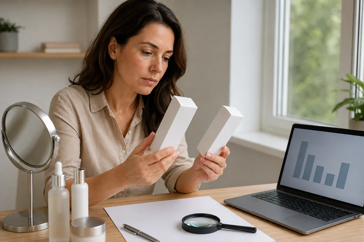 Consumidora compara dos productos de skincare y revisa un gráfico sin marcas