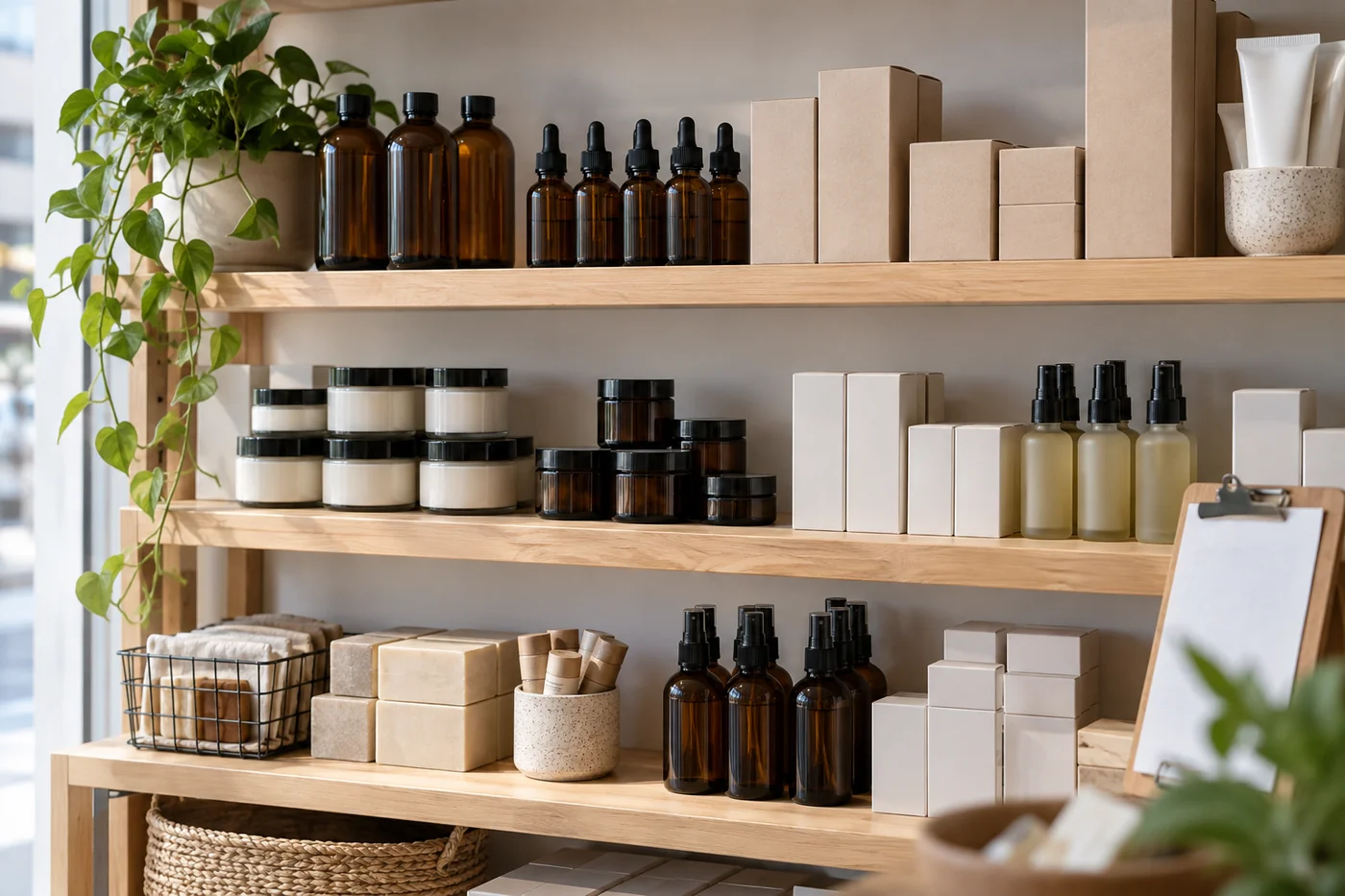 Envases de cosméticos y material de inventario en una estantería