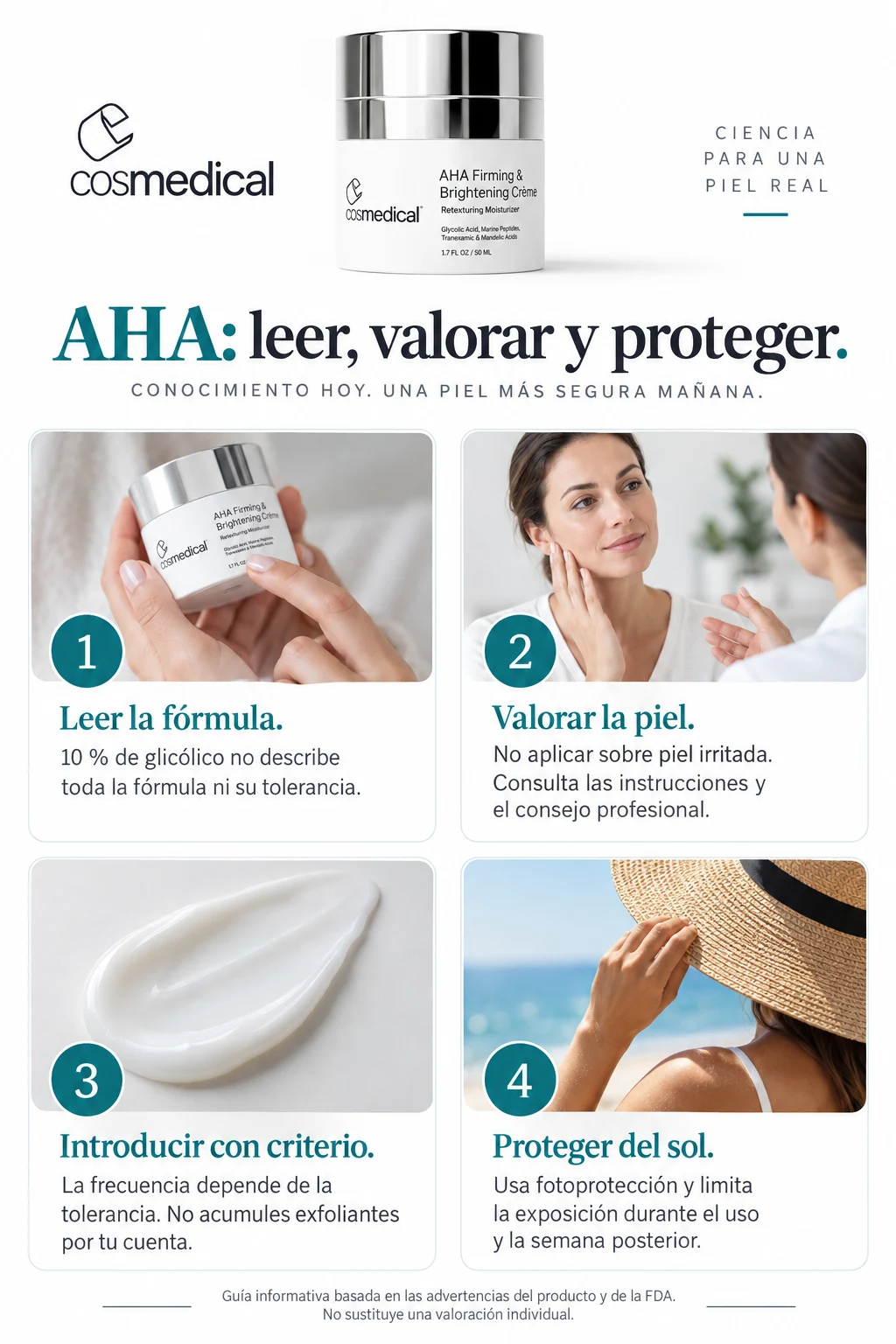 Infografía sobre lectura de fórmula, tolerancia y fotoprotección con AHA