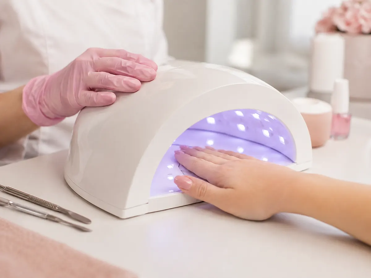Mano de una clienta durante el curado LED de una manicura de gel