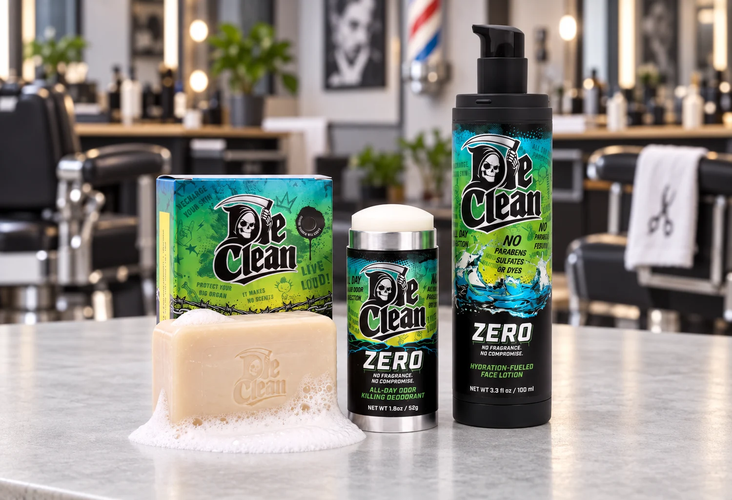 Productos Zero de Die Clean con jabón, desodorante y loción facial en un entorno de barbería