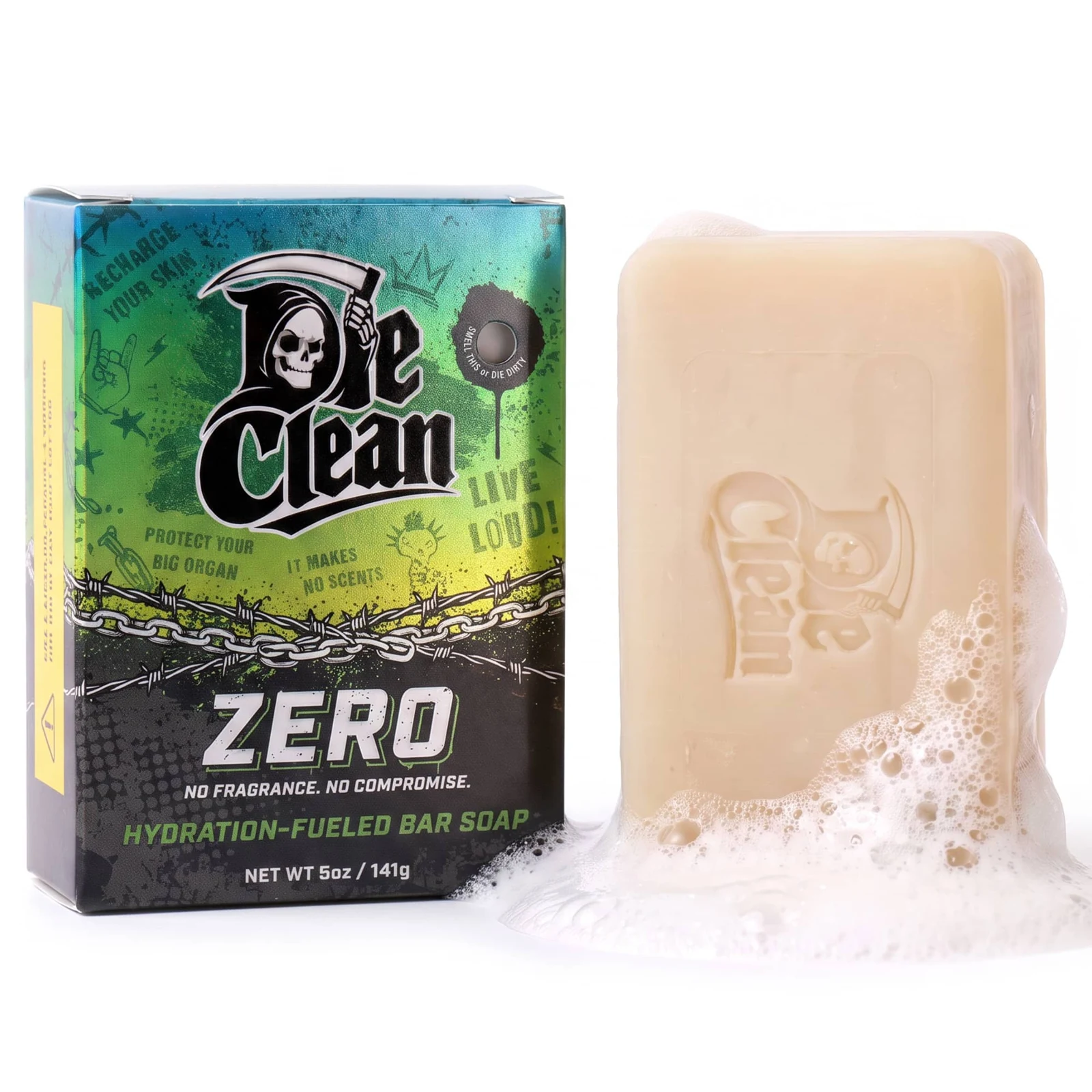 Pastilla de jabón Zero y su caja con logotipo Die Clean