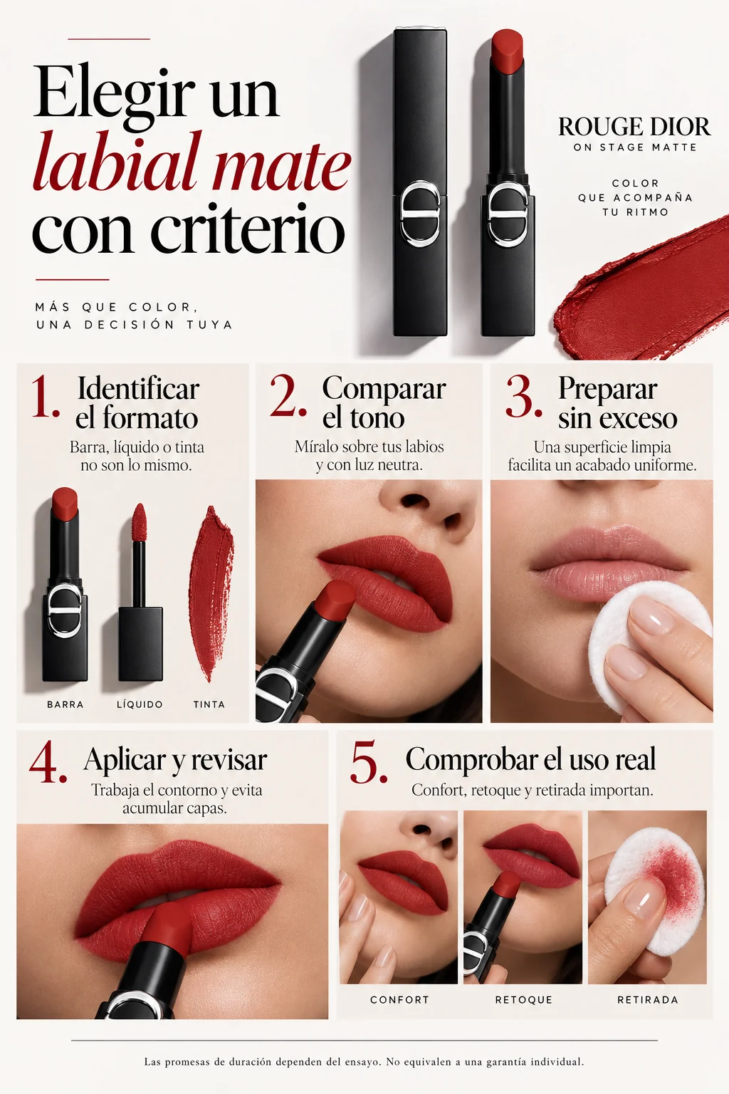 Infografía con cinco pasos para comparar formato, tono y uso de un labial mate