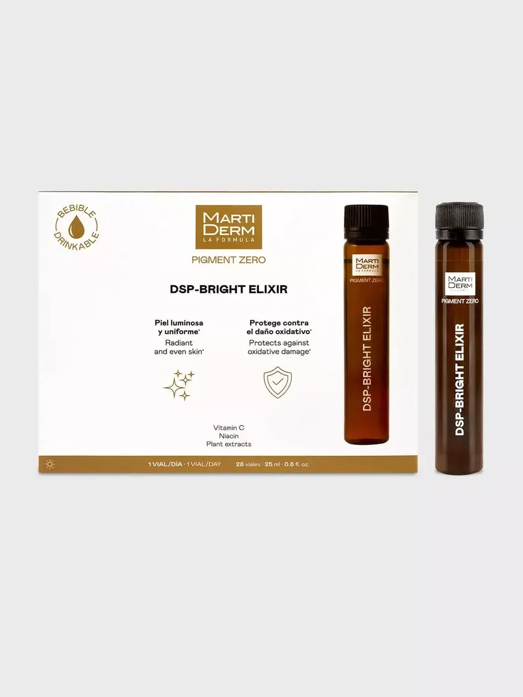 Caja de DSP-Bright Elixir con dos viales y logotipo MartiDerm