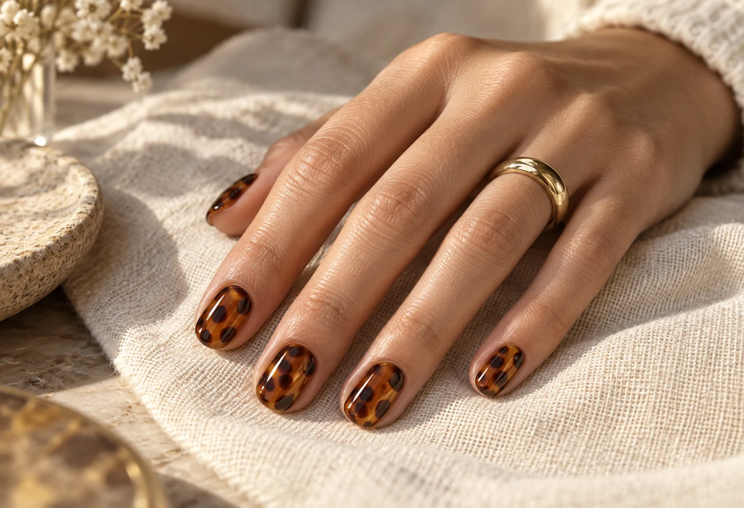Manicura ovalada con efecto carey ámbar y manchas marrones