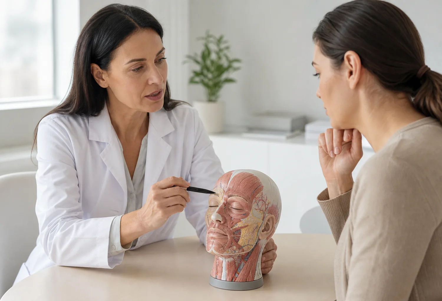 Médica explicando una valoración facial a una paciente con un modelo anatómico
