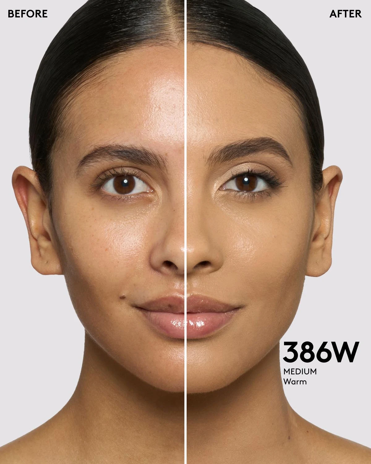Comparación promocional de Fenty Beauty antes y después de aplicar Fluid Flex 386W
