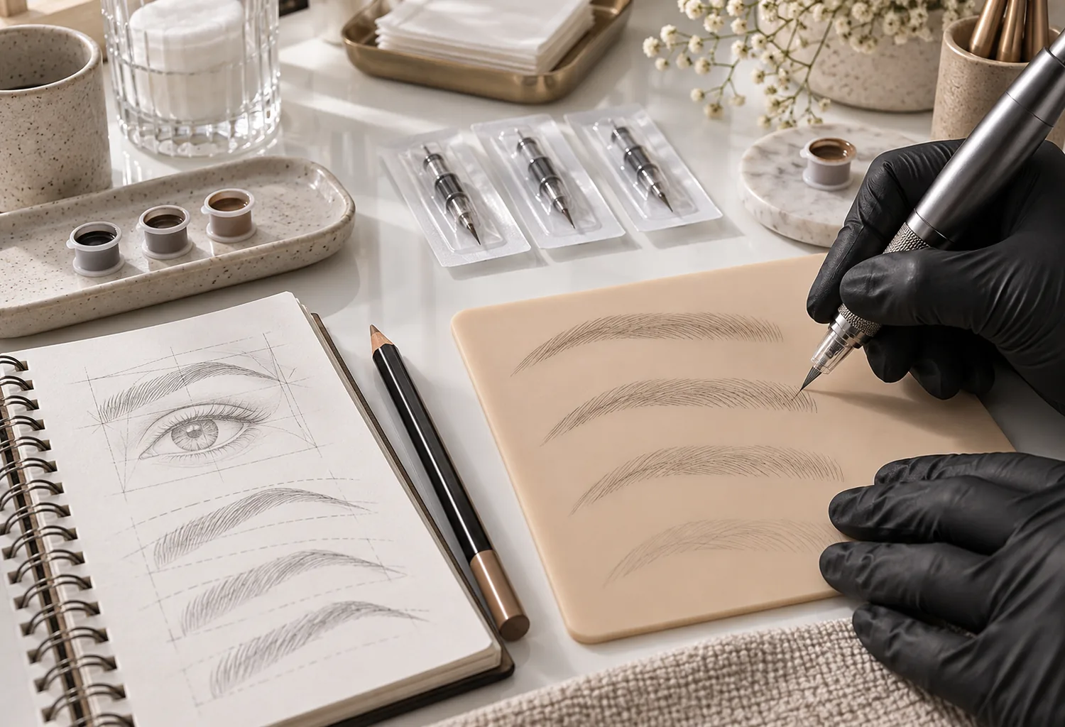 Práctica de formación en micropigmentación de cejas sobre una superficie de silicona