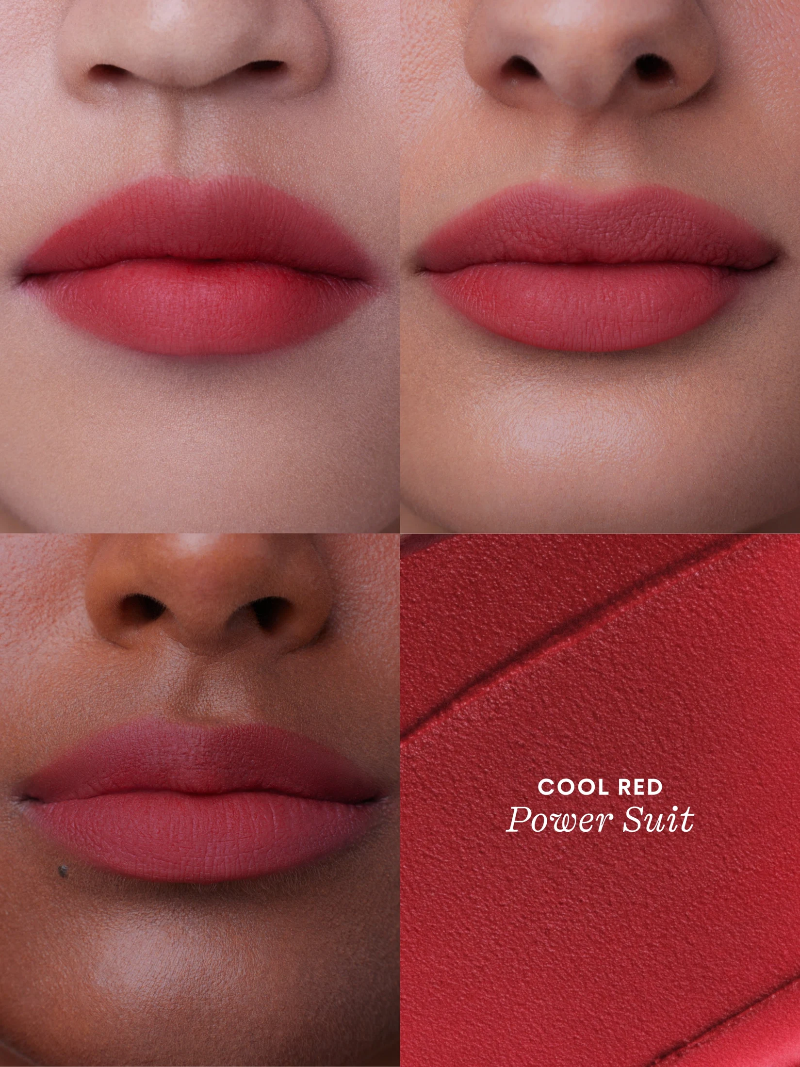 Labios maquillados con el rojo frío Power Suit de Glow Recipe