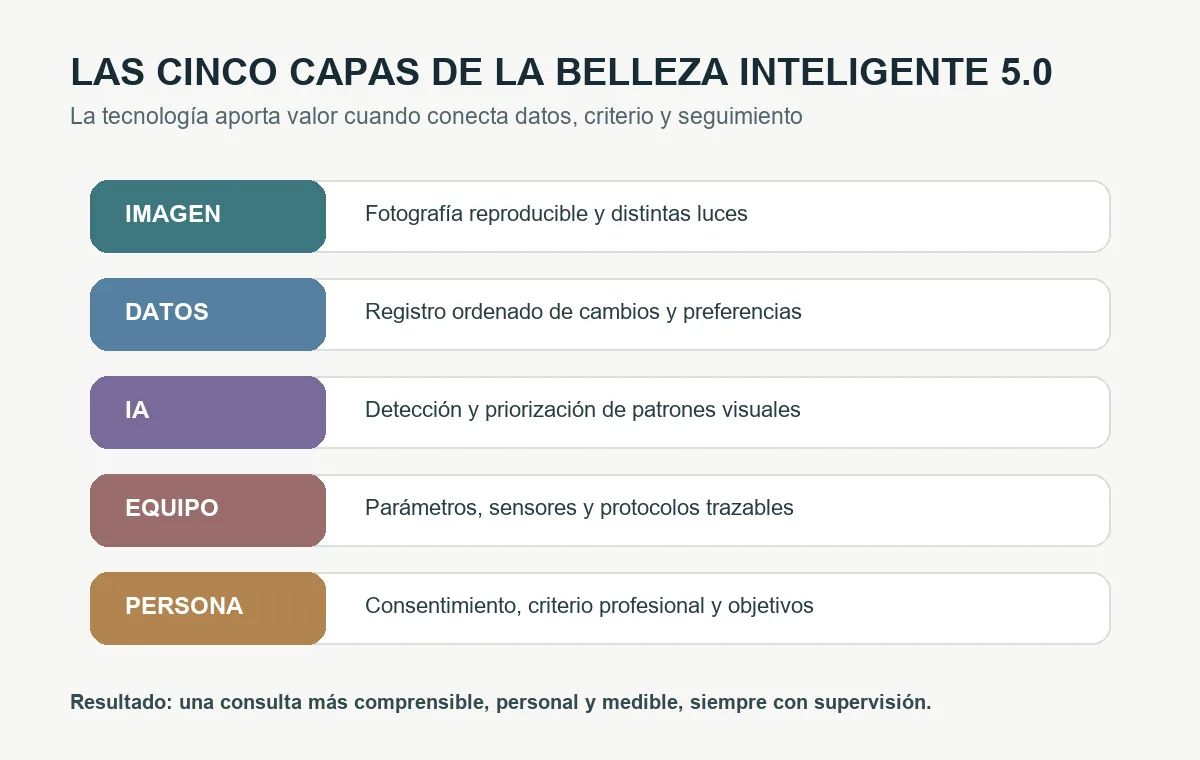 Gráfico de las cinco capas de la Belleza Inteligente 5.0: imagen, datos, IA, equipo y persona