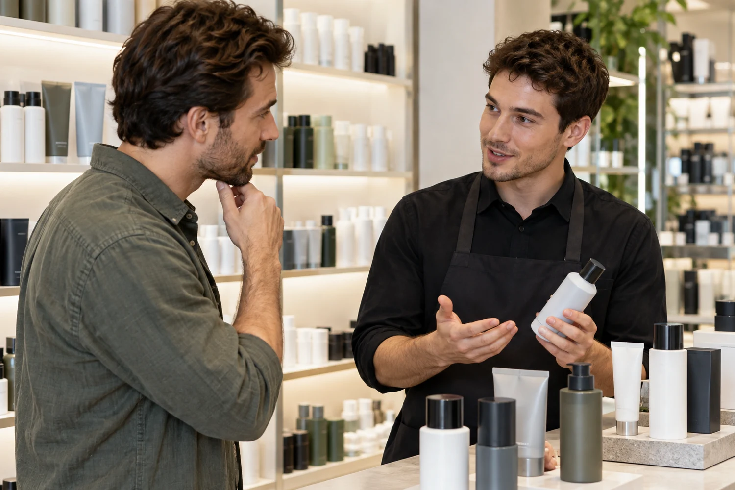 Barbero explicando un cosmético a un cliente junto al expositor