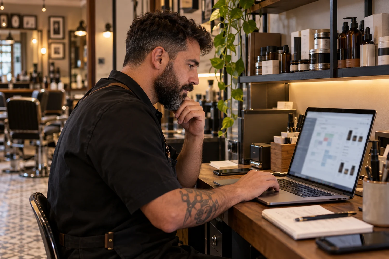 Profesional revisando un ordenador junto al expositor de su barbería