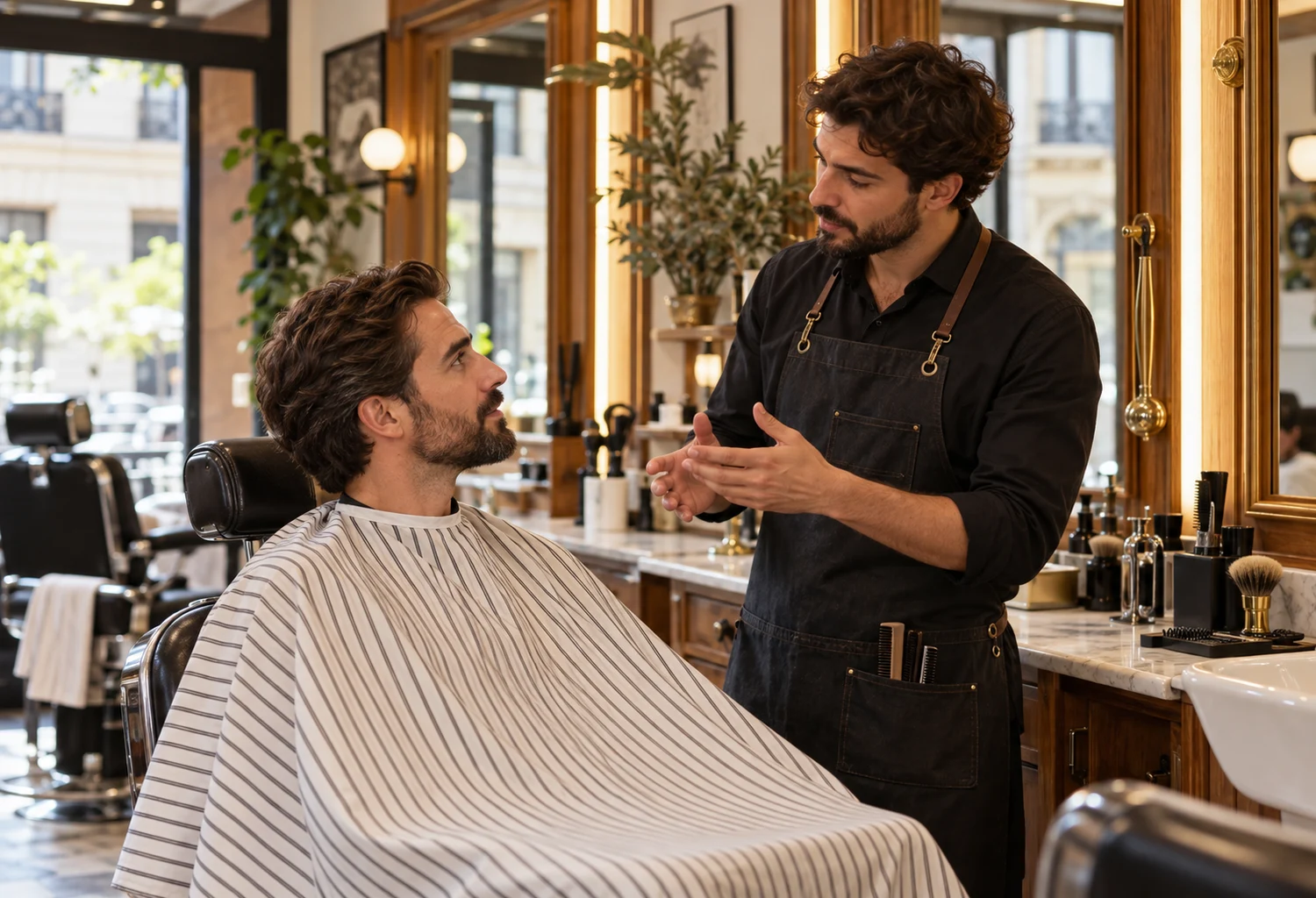 Barbero conversando con un cliente en una barbería luminosa