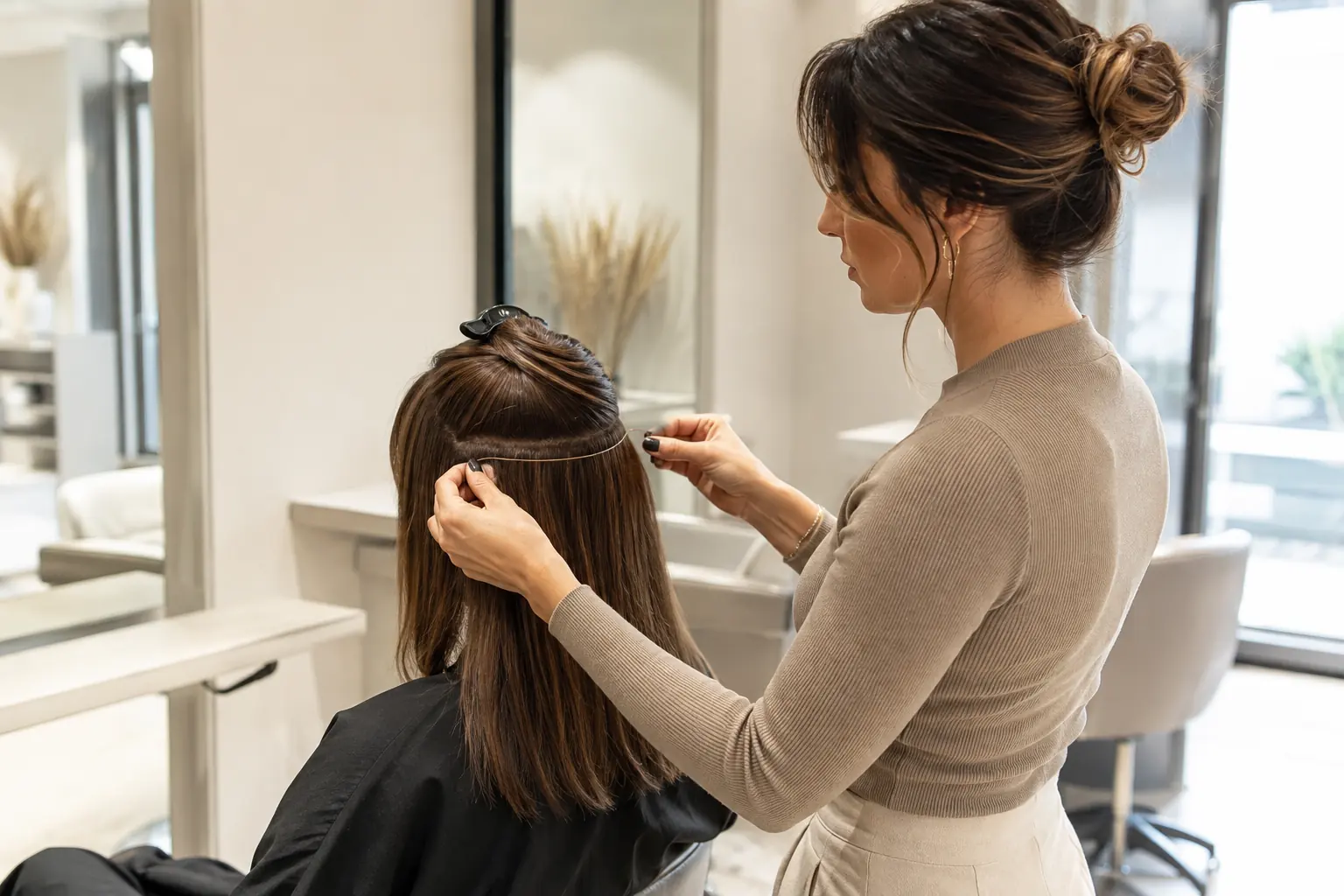 Peluquera colocando una extensión halo de cabello en una clienta