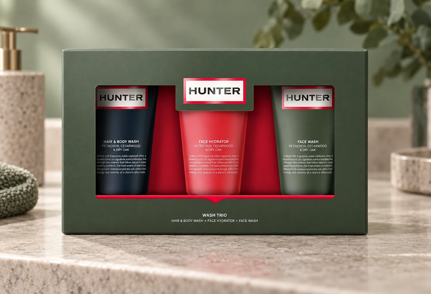 Hunter Wash Trio con sus envases y logotipos visibles