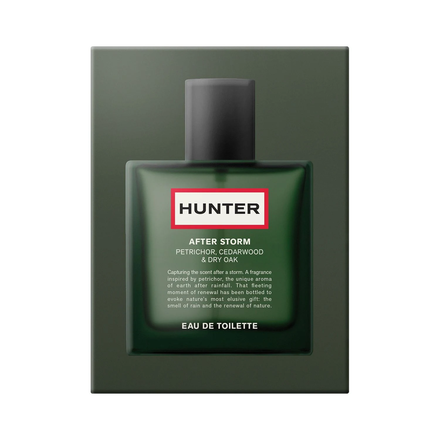 Frasco verde y caja de After Storm de Hunter