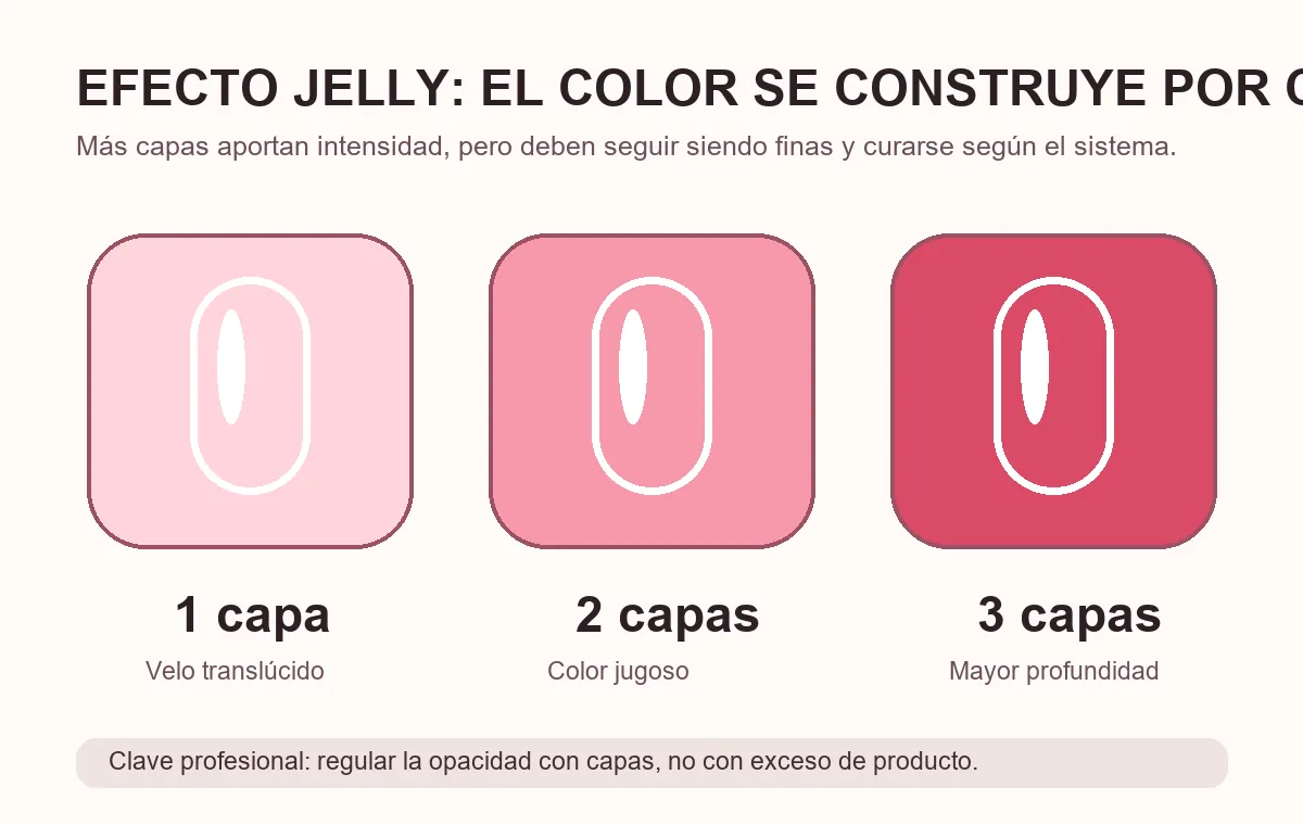 Infografía sobre una, dos y tres capas de esmalte jelly translúcido