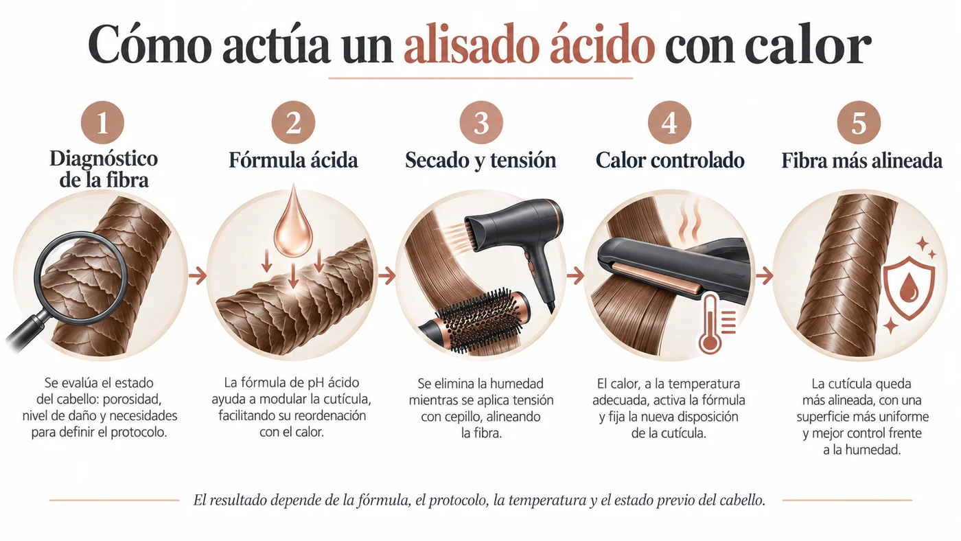 Infografía sobre cómo actúa un alisado ácido activado con calor