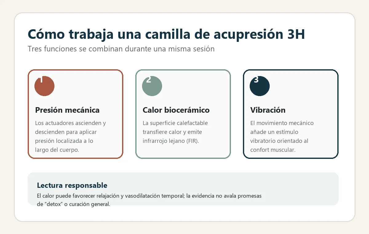 Infografía sobre presión, calor biocerámico y vibración en la camilla 3H