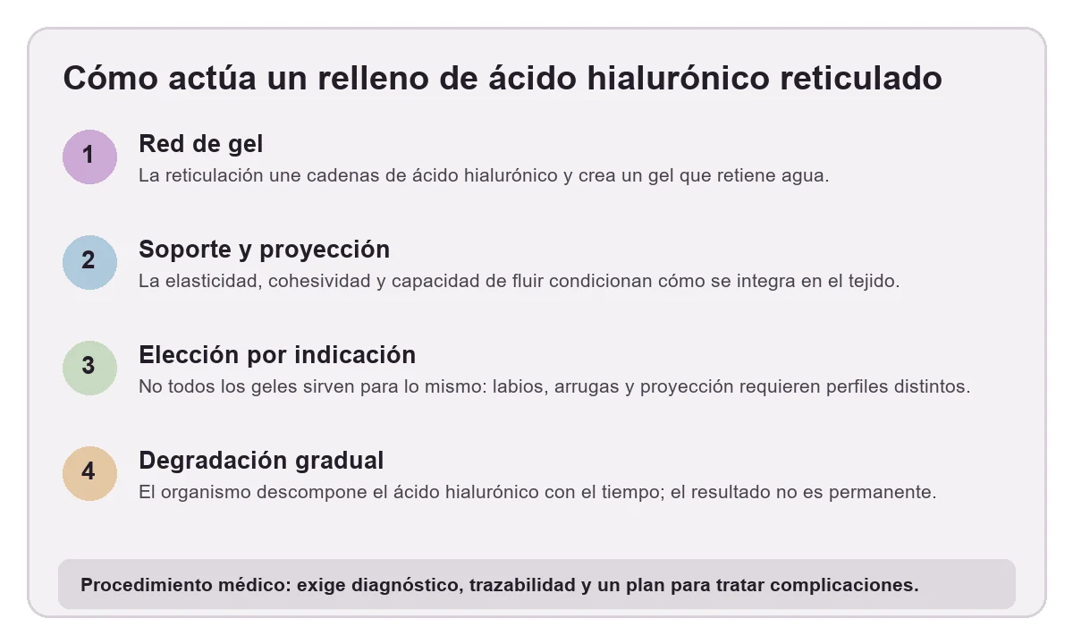 Infografía sobre el funcionamiento de un relleno de ácido hialurónico reticulado