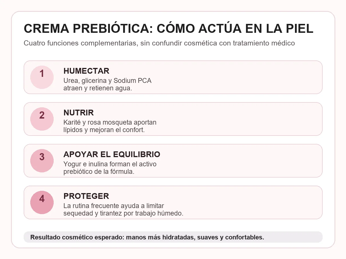 Infografía sobre humectación, nutrición, equilibrio de la microbiota y protección de la piel