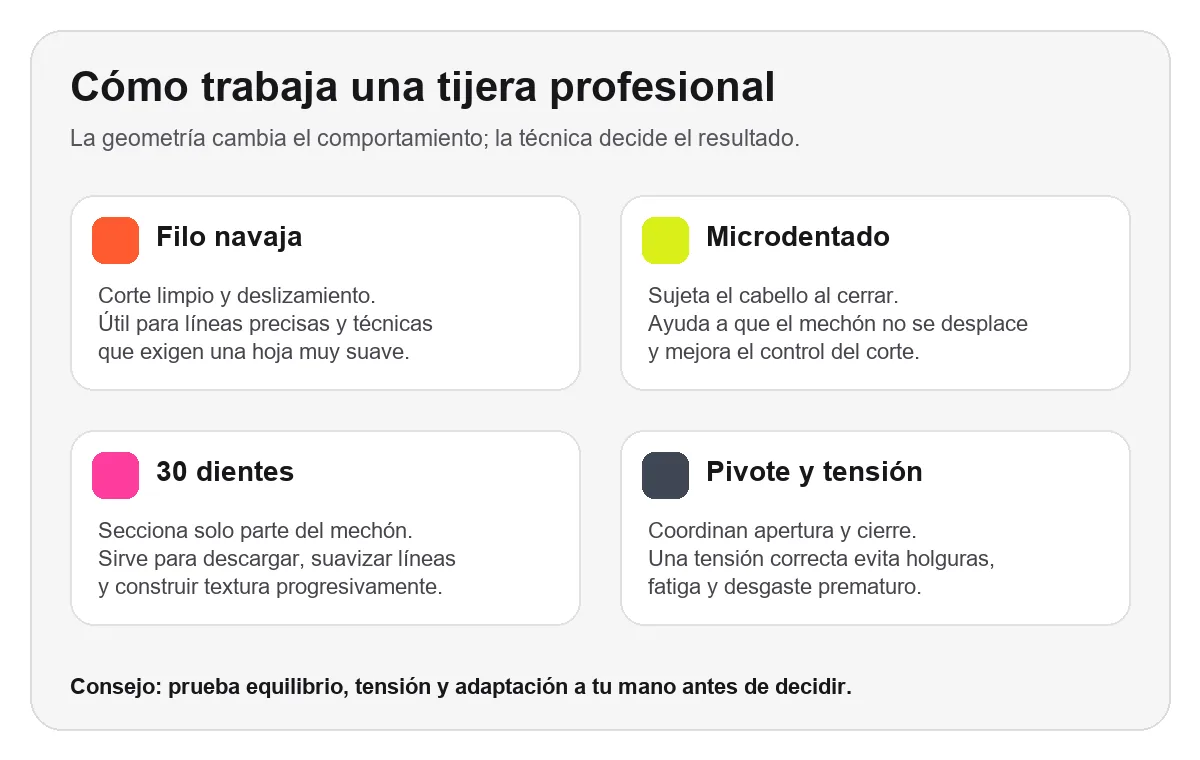 Infografía sobre filo navaja, microdentado, 30 dientes y tensión de tijeras profesionales