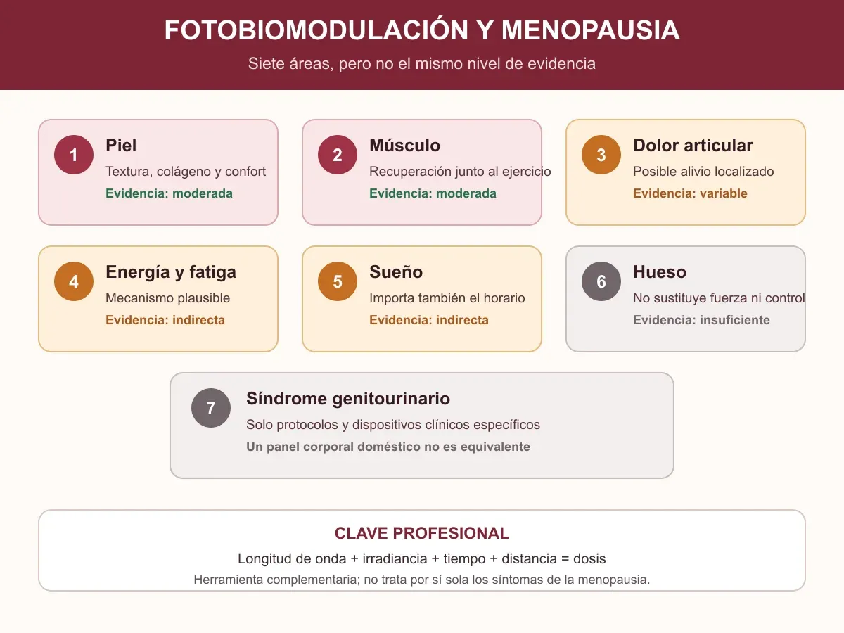 Infografía sobre siete posibles áreas de la fotobiomodulación durante la menopausia y su nivel de evidencia