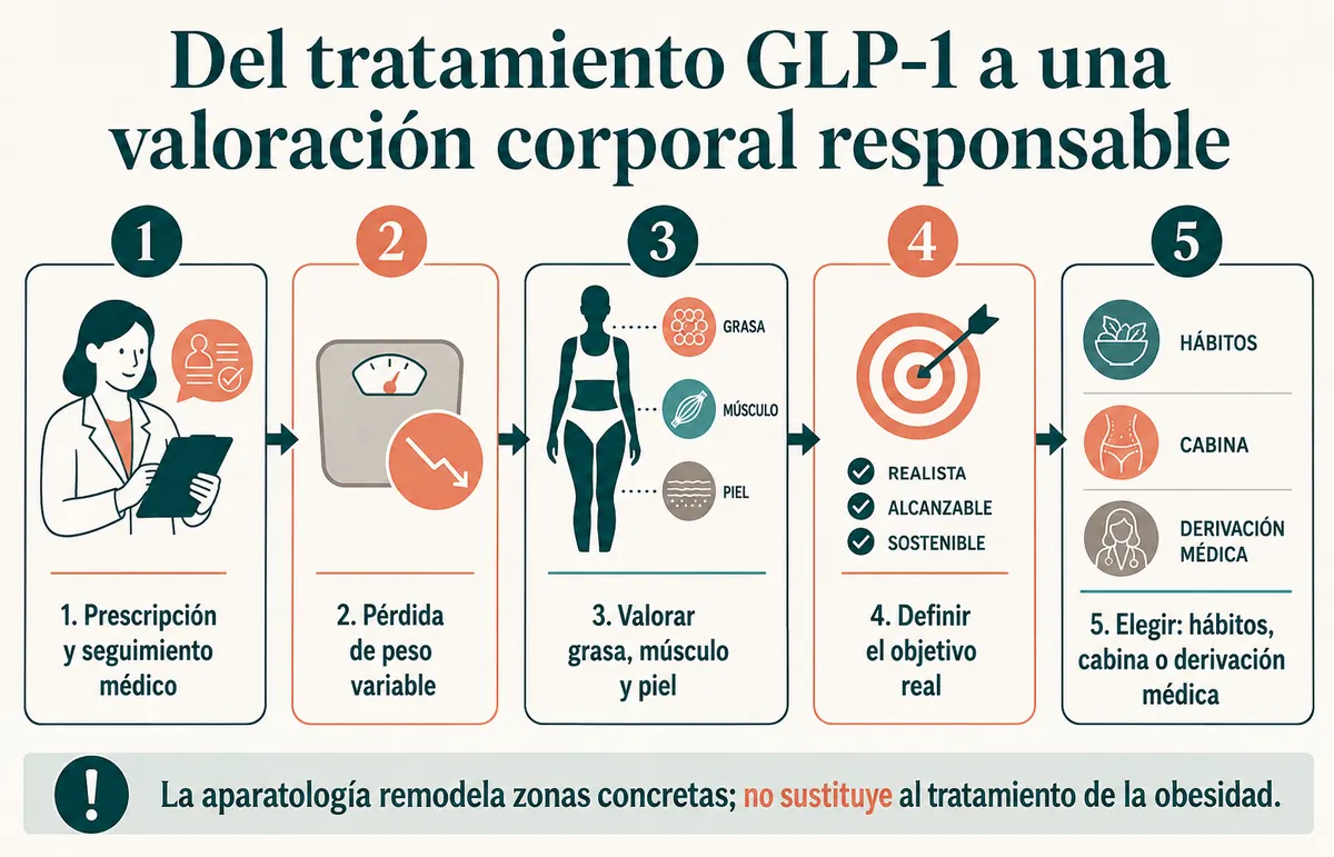 Infografía del proceso de valoración corporal en personas tratadas con GLP-1