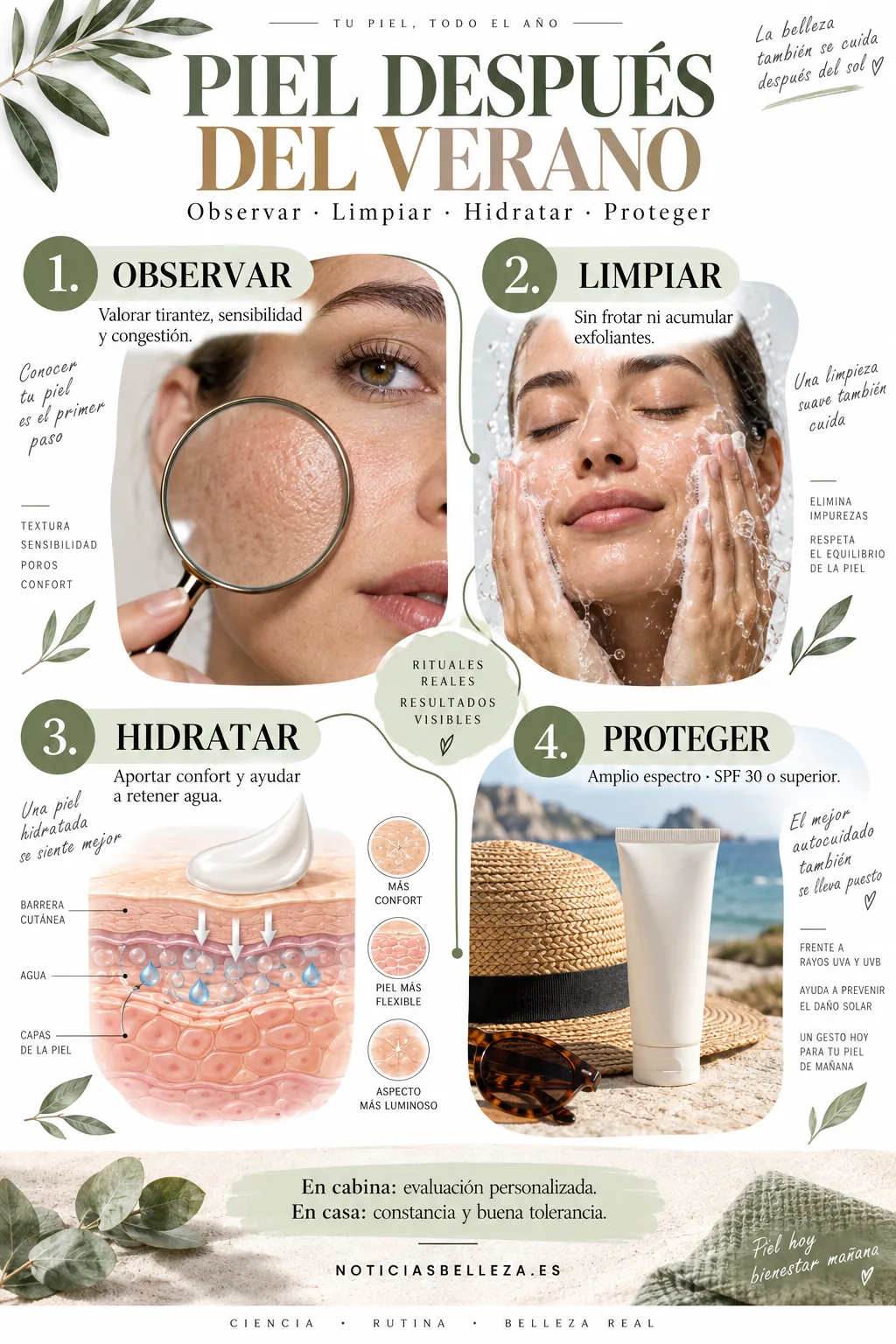 Infografía para cuidar la piel después del verano: observar, limpiar, hidratar y proteger