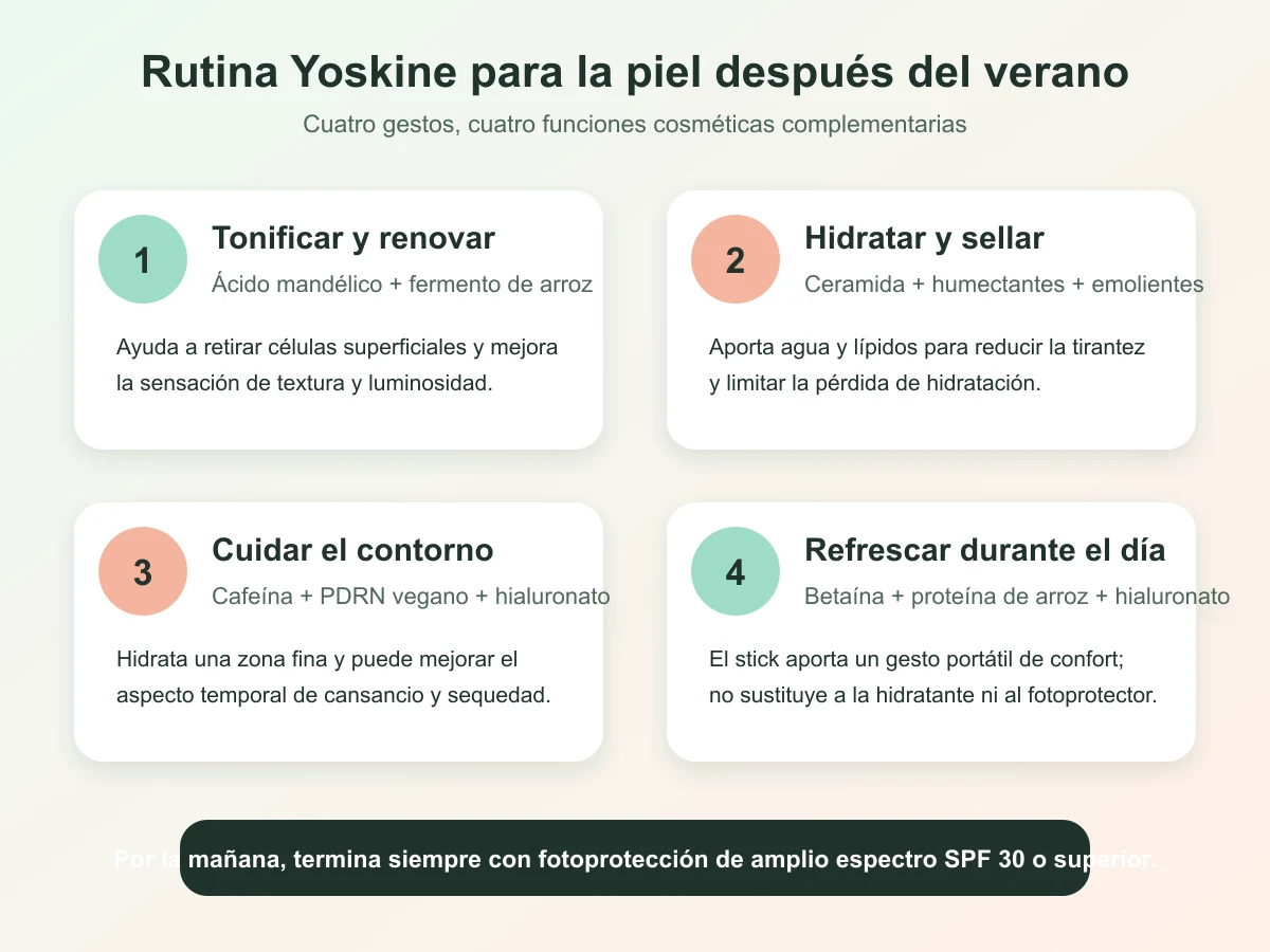 Infografía de los cuatro pasos de la rutina Yoskine para cuidar la piel después del verano