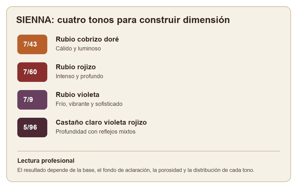 Infografía con los tonos 7 43, 7 60, 7 9 y 5 96 de la colección Sienna