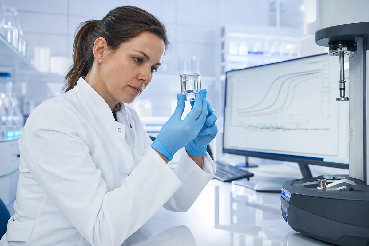 Investigadora analiza la reología de un gel de ácido hialurónico en laboratorio