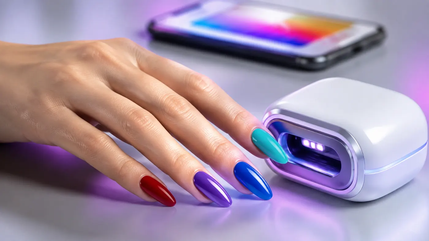 Mano con uñas digitales de varios colores junto a una app y un dispositivo de cambio