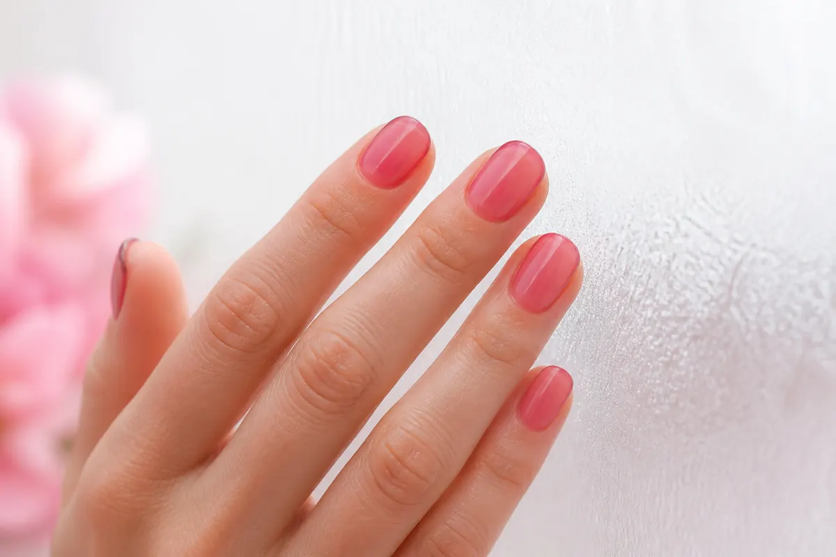 Primer plano de uñas cortas translúcidas rosa con acabado brillante efecto jelly